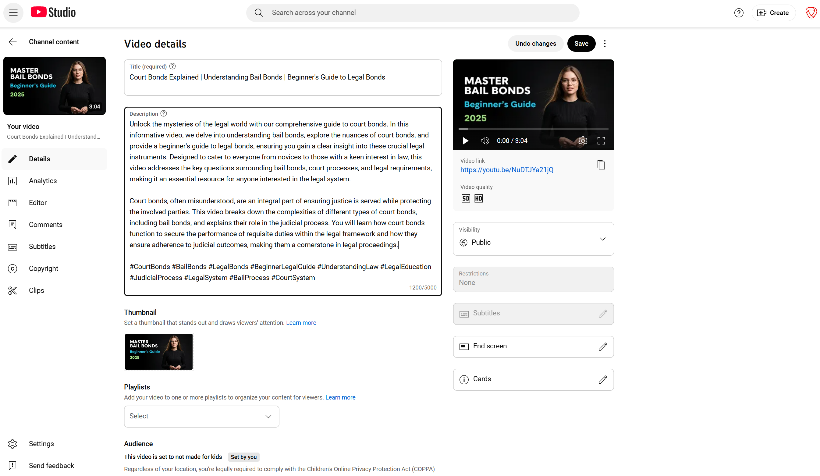 YouTube Studio Description Interface - Video details page showing how to write effective descriptions for YouTube video optimization and SEO ranking
